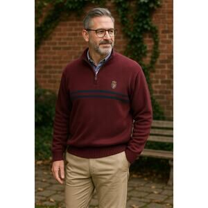 Vintage Chaps 1/4 Zip Sweater XL Burgundy Red Stripe Cotton Dadcore Preppy